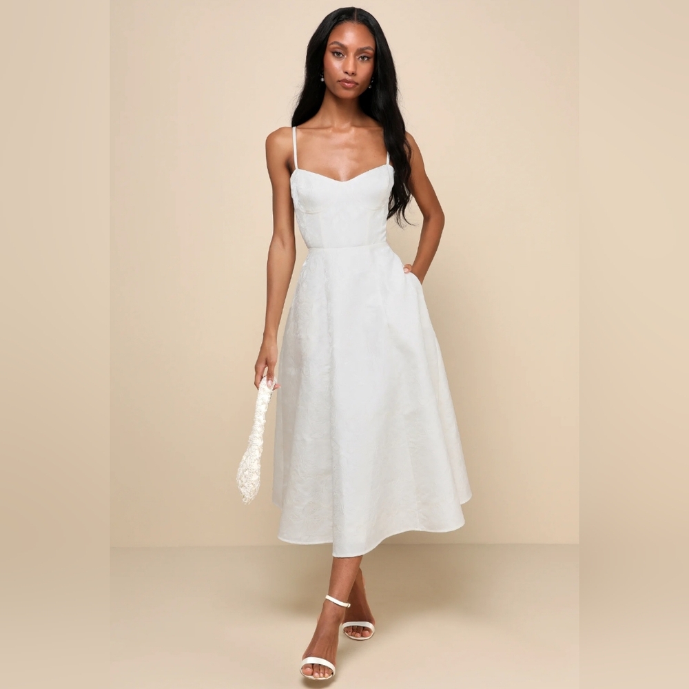 Lulus Meet Me For Tea White Jacquard Bustier Midi Dress
